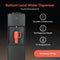 The Bottom Load Water Cooler - 130 Series with a red mug features durable construction, tall dispense height, tri-temperature options, and easy bottom loading—no heavy lifting required. Icons and text highlight these convenient features.