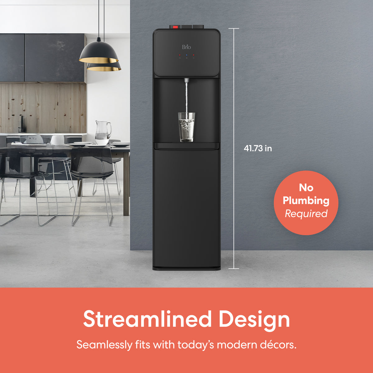A Bottom Load Water Cooler - 130 Series in black stands in a modern kitchen with minimalist decor. Text highlights its 41.73-inch height, streamlined design, and "No Plumbing Required." The room features neutral tones.