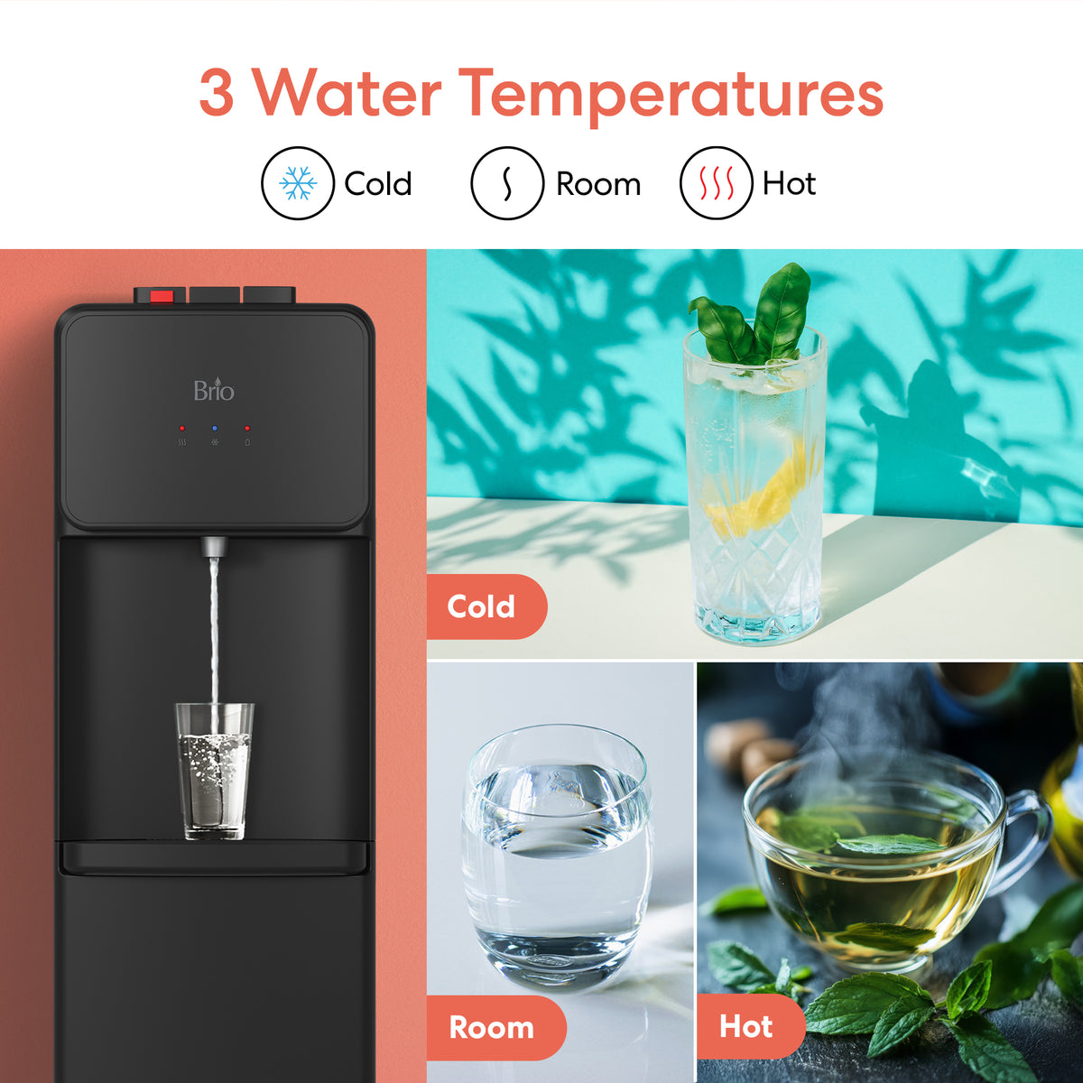 The Bottom Load Water Cooler - 130 Series dispenses cold (ice water with lemon), room temp (plain water), and hot (steaming tea) water—each with visual indicators for easy use.