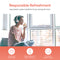 A person wearing headphones sits by a large window, enjoying water from a glass—thanks to their Bottom Load Water Cooler - 130 Series. Responsible Refreshment: Less plastic waste, healthier living, savings & more. Icons highlight water and health benefits.