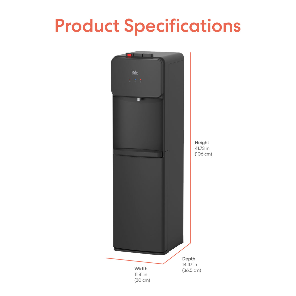 Bottom Load Water Cooler - 130 Series in black, with labeled dimensions: 41.73" (106 cm) high, 11.81" (30 cm) wide, and 14.37" (36.5 cm) deep; "Product Specifications" appears at the top in red text.