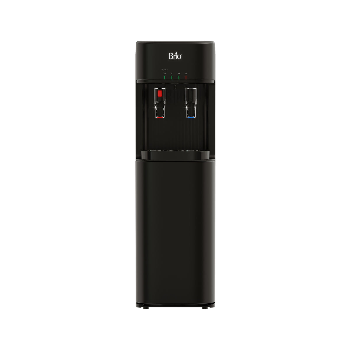 The Black Bottom Load Water Dispenser - 300 Series stands upright on a white background, featuring two spouts—one for hot water marked red and one for cold marked blue—as well as a child safety lock for added protection.