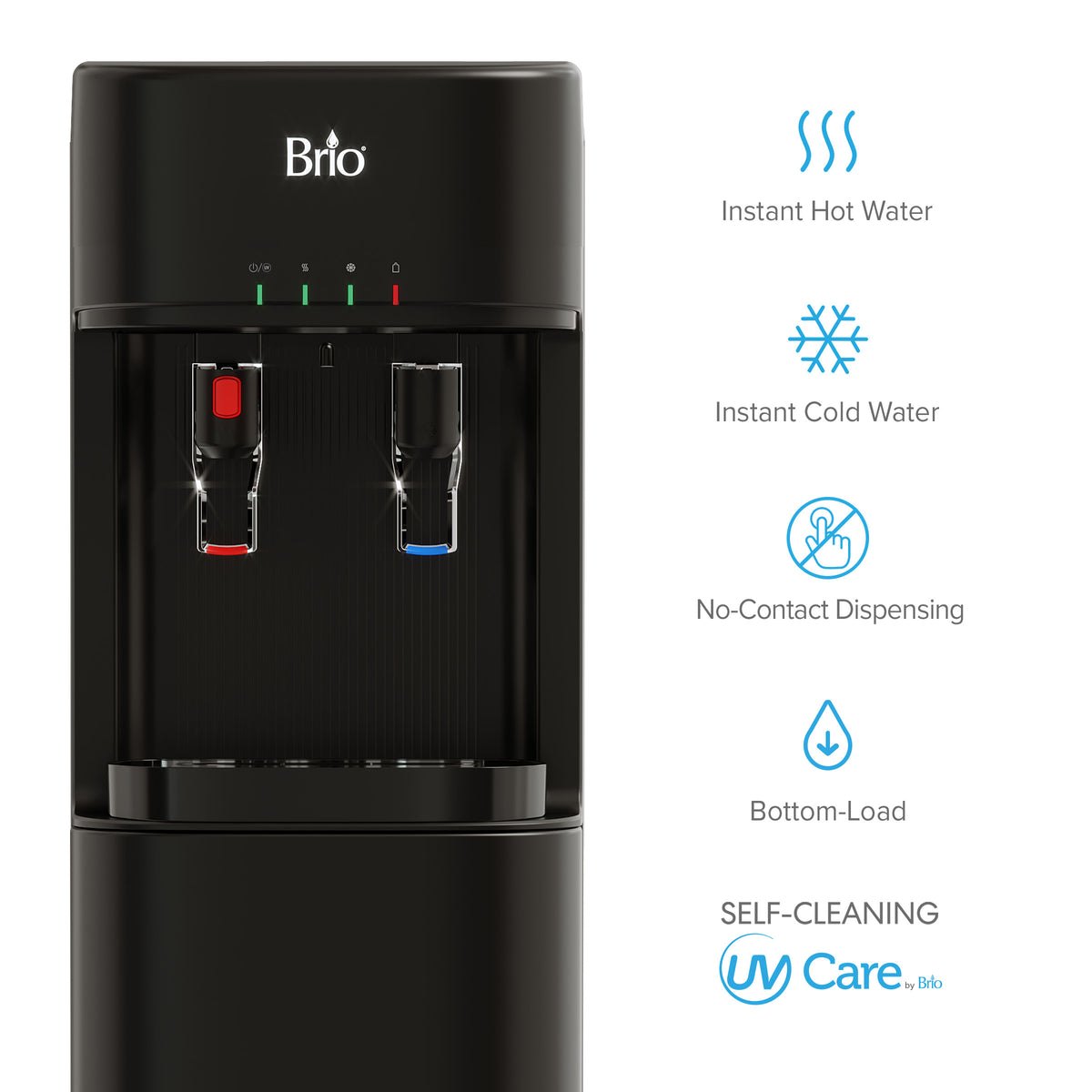 Black Bottom Load Water Dispenser - 300 Series features two dispensers with red and blue labels. Icons and text highlight its instant hot and cold water, no-contact dispensing, advanced self-cleaning technology, bottom-load design, and convenient child safety lock for enhanced protection—Care by Brio.