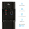Black Bottom Load Water Dispenser - 300 Series features two dispensers with red and blue labels. Icons and text highlight its instant hot and cold water, no-contact dispensing, advanced self-cleaning technology, bottom-load design, and convenient child safety lock for enhanced protection—Care by Brio.