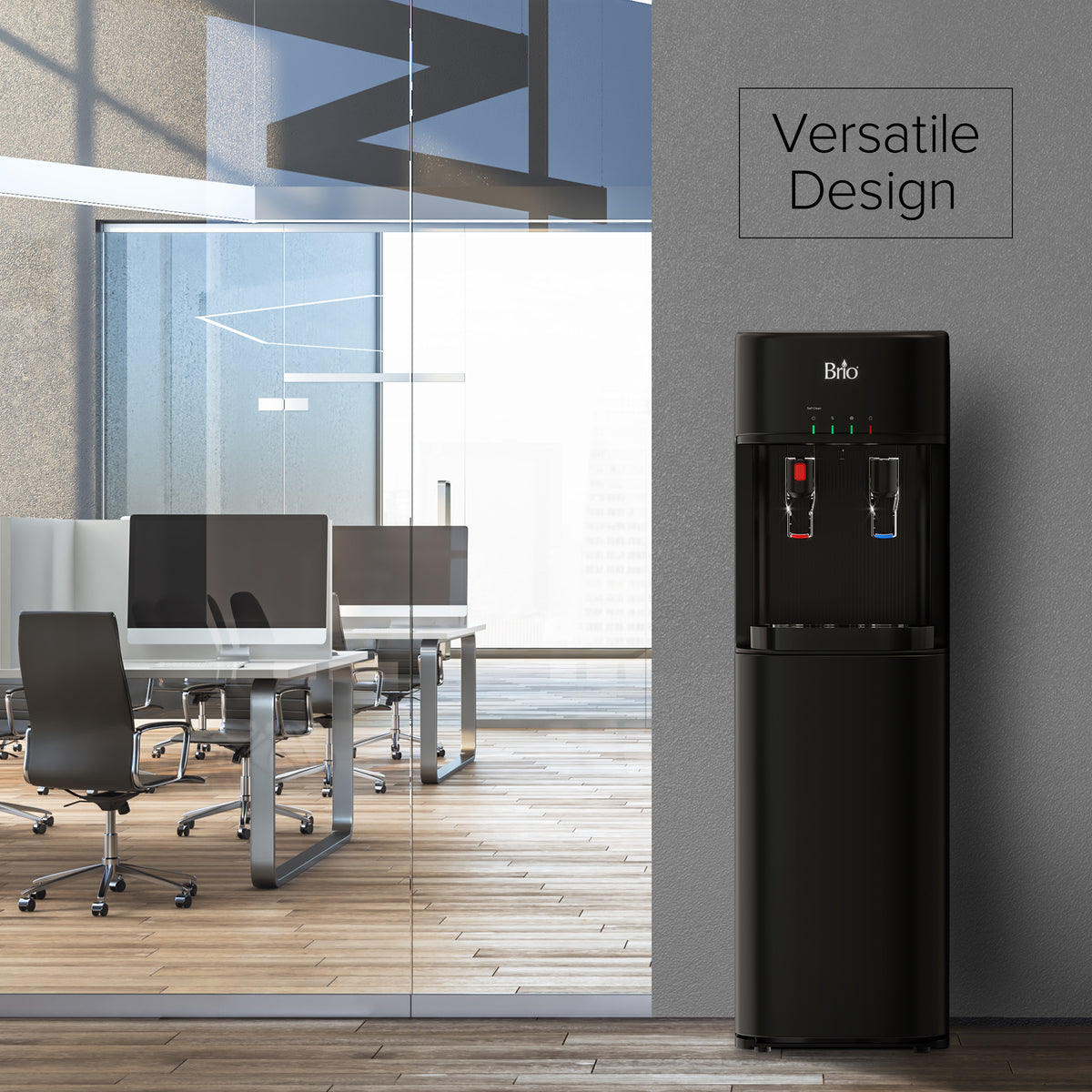 A sleek Black Bottom Load Water Dispenser - 300 Series stands against a gray wall labeled “Versatile Design,” next to a glass-walled modern office with desks, chairs, and computers inside. Featuring convenient self-cleaning technology, the 300 Series dispenser is ideal for busy workspaces looking for both style and functionality.
