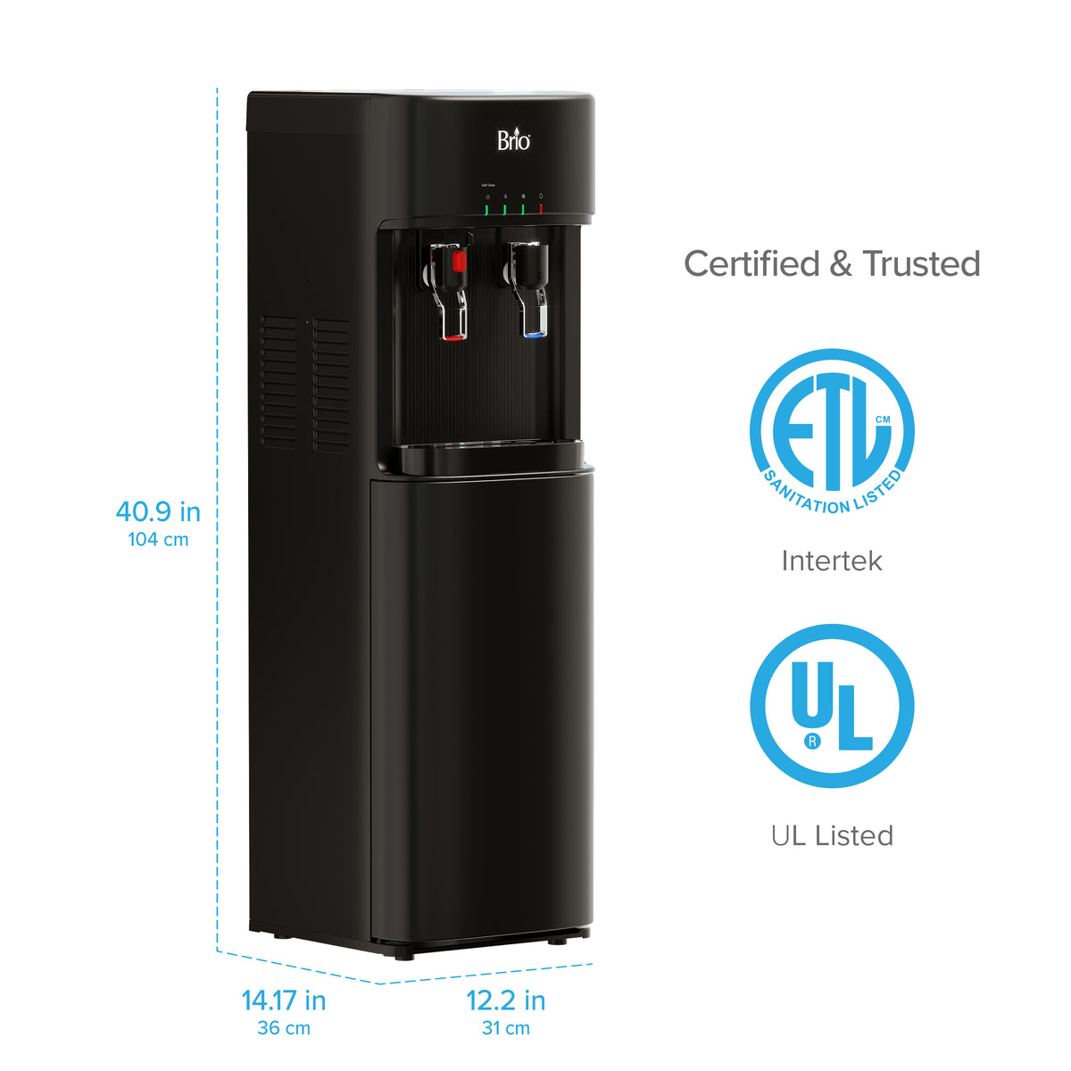 Black Bottom Load Water Dispenser - 300 Series by Brio features hot and cold spouts, a convenient child safety lock for peace of mind, and measures 40.9 inches tall, 14.17 inches wide, and 12.2 inches deep. ETL and UL certification logos are displayed on the right.