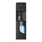 The Bottom Load Bullet Ice & Hot/Cold Water Dispenser - Model 320 Ice, featuring a black finish and a digital display, dispenses water into a glass filled with ice. A large blue water bottle is visible in the lower compartment through its clear panel.