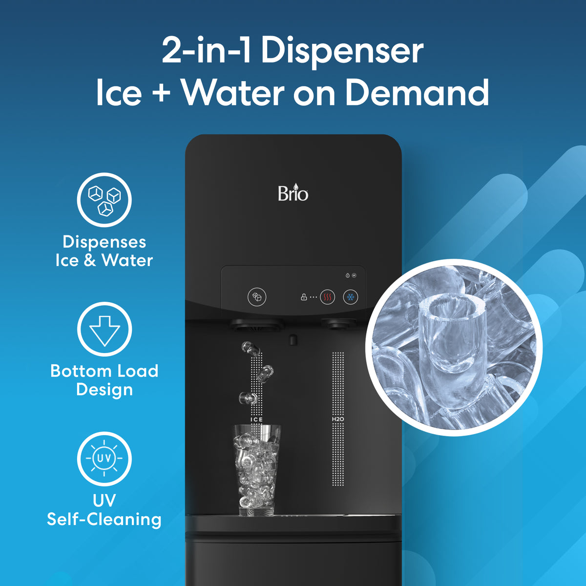 Sure! Here’s a rewritten sentence using your product data: A Bottom Load Bullet Ice & Hot/Cold Water Dispenser - Model 320 Ice is displayed in black, featuring a glass filled with ice water and ice cubes. Text highlights its 2-in-1 bullet ice dispenser and hot/cold water functions, advanced bullet ice maker technology, and UV self-cleaning feature—all set against a blue background.