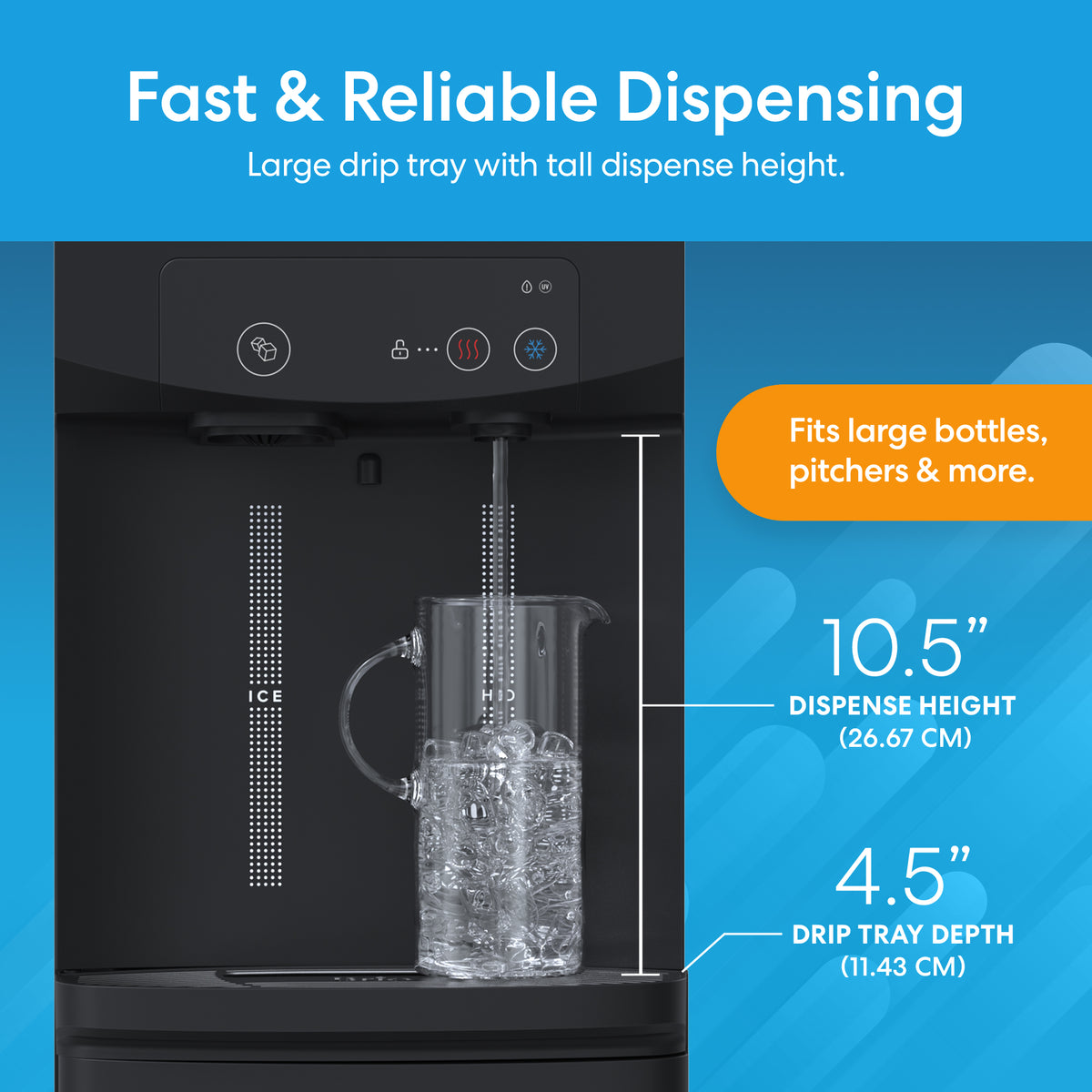 The Bottom Load Bullet Ice & Hot/Cold Water Dispenser - Model 320 Ice is displayed with a clear pitcher, featuring a generous 10.5-inch dispense height and a 4.5-inch drip tray depth—perfect for filling large bottles and pitchers. This makes it an ideal companion for your bullet ice maker or bottom load water cooler setup.