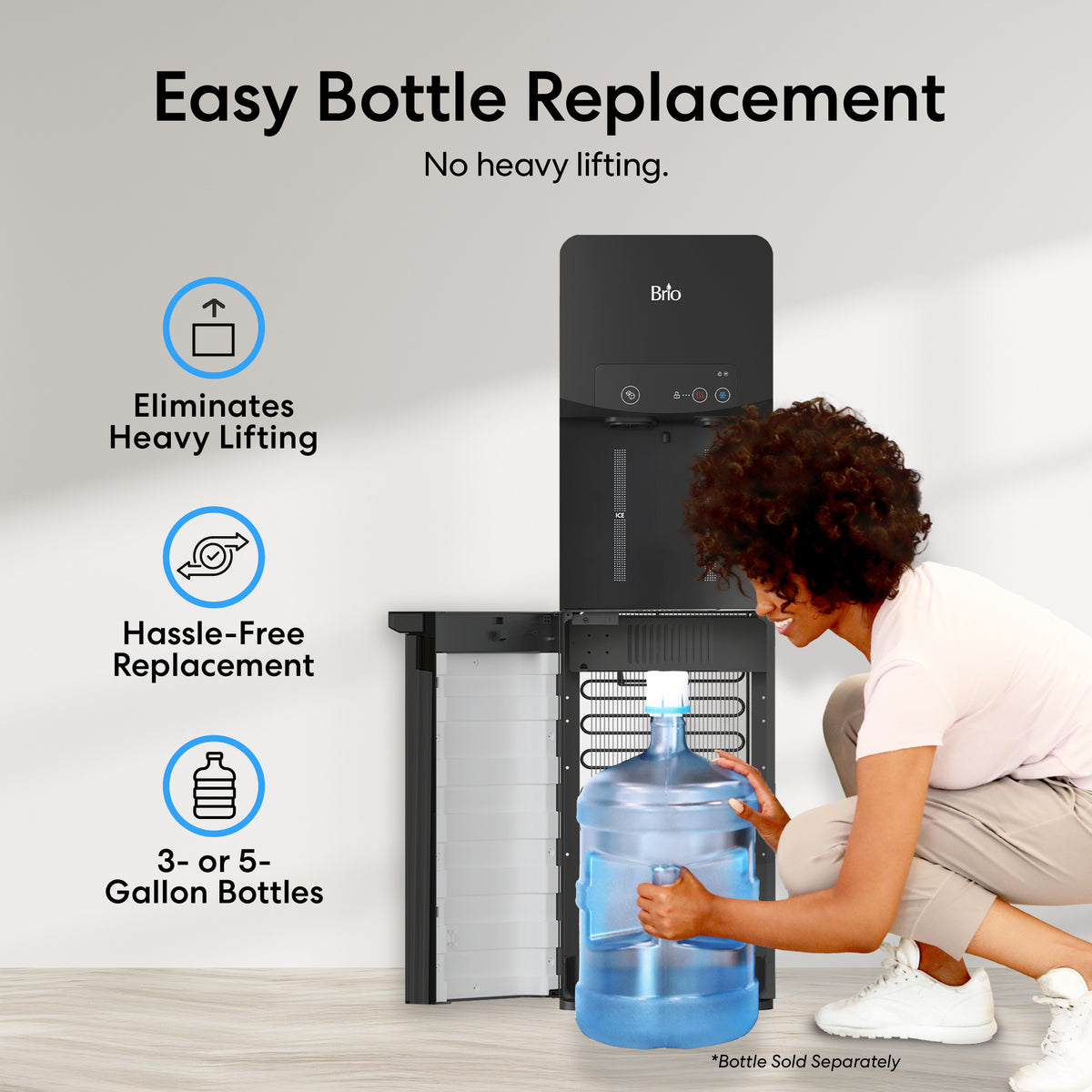 A woman kneels, sliding a large water bottle into the Bottom Load Bullet Ice & Hot/Cold Water Dispenser – Model 320 Ice, featuring a sleek black finish. Text highlights easy bottle replacement, no heavy lifting required, and compatibility with both 3- and 5-gallon bottles.