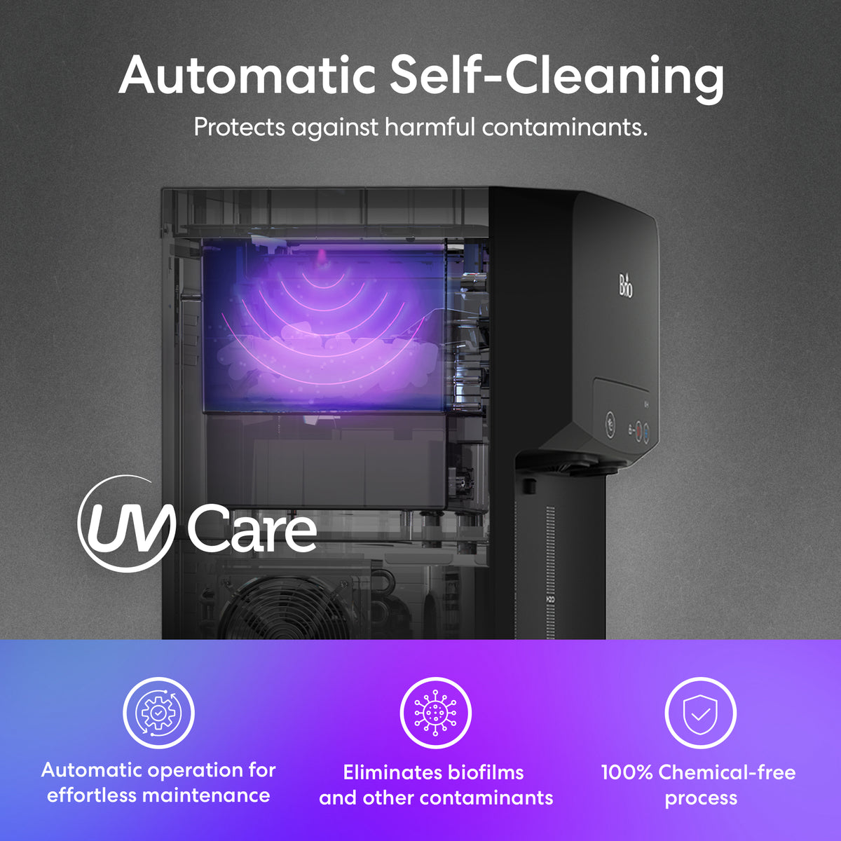 A black Bottom Load Bullet Ice & Hot/Cold Water Dispenser – Model 320 Ice with a glowing purple interior is shown. Text highlights Automatic Self-Cleaning and contaminant protection, with icons for effortless maintenance, biofilm elimination, and chemical-free operation.