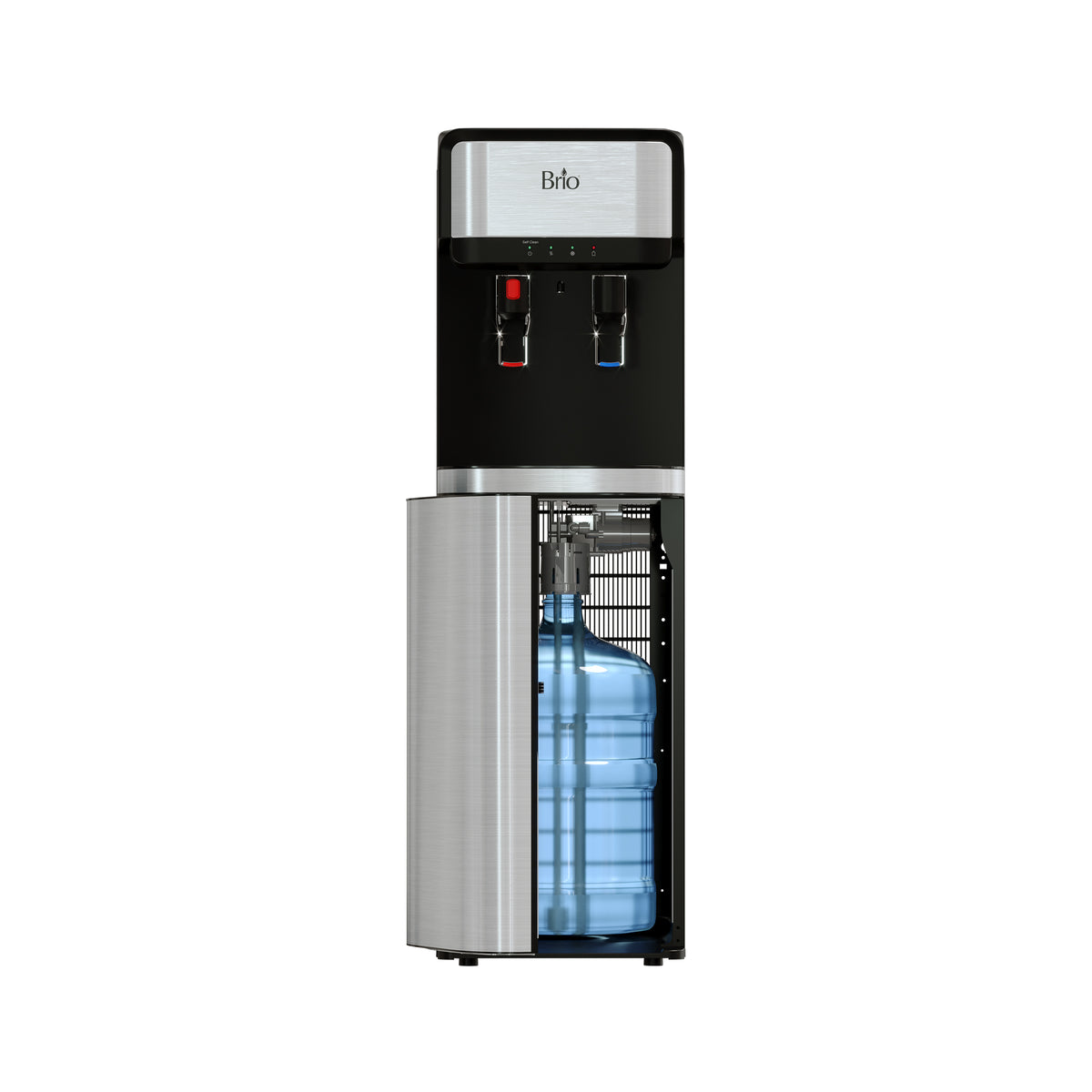 The Stainless Steel Bottom Load Water Cooler - 300 Series features a black and silver design, lower cabinet for a large blue water bottle, separate hot and cold taps on top, and a child safety lock for added convenience.