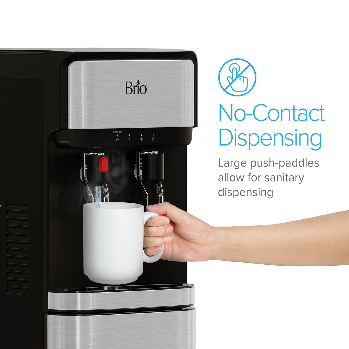 A hand uses a large push-paddle on the Stainless Steel Bottom Load Water Cooler - 300 Series to fill a white mug. Steam rises from the mug. Text reads: No-Contact Dispensing—large paddles ensure sanitary use.