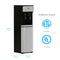 The Stainless Steel Bottom Load Water Cooler - 300 Series in black and silver features two faucets, a child safety lock, and measures 40.9"H x 14.17"W x 12.2"D. ETL Intertek and UL certified logos are shown beside the dispenser.