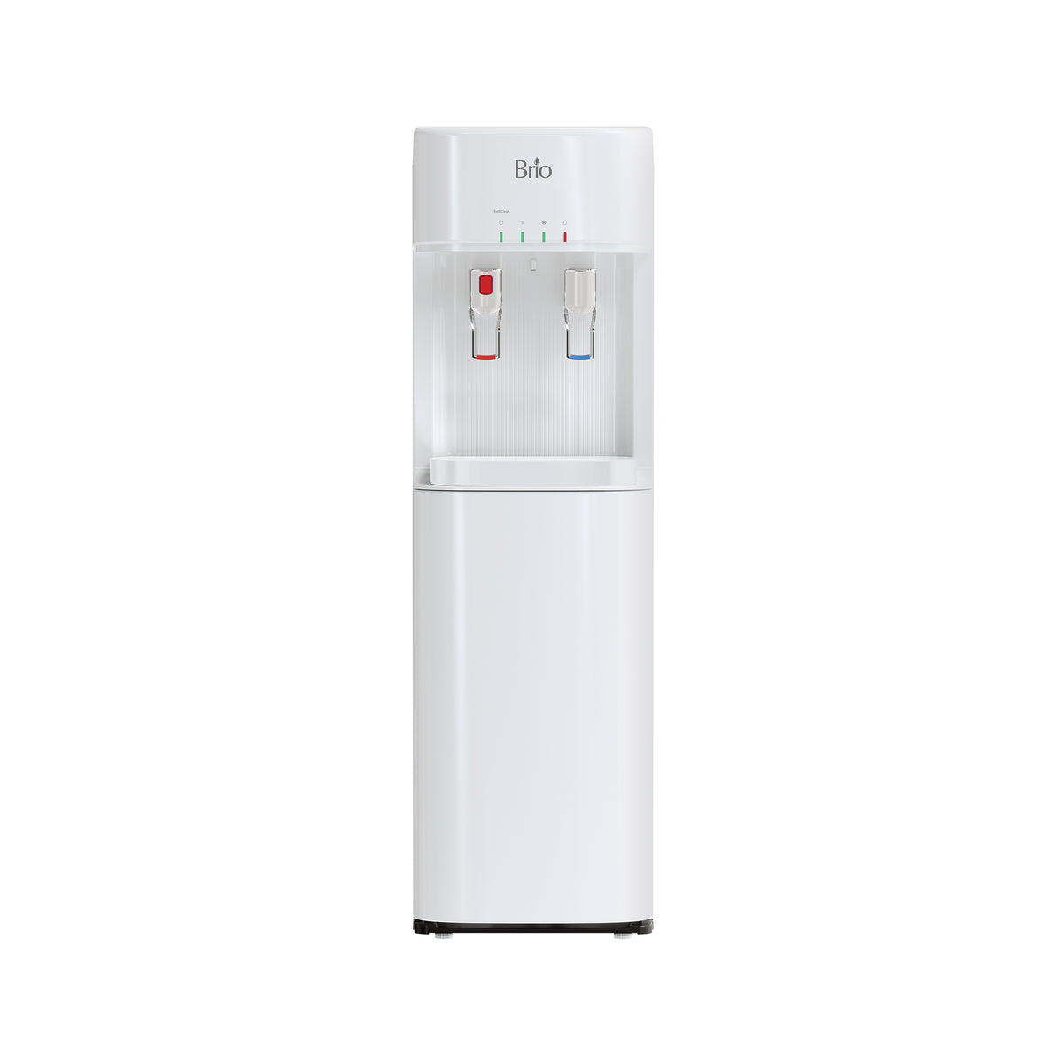 The White Bottom Load Water Cooler - 300 Series features hot and cold taps, indicator lights, a child safety lock, and a Brio logo on the front, displayed against a plain white background.