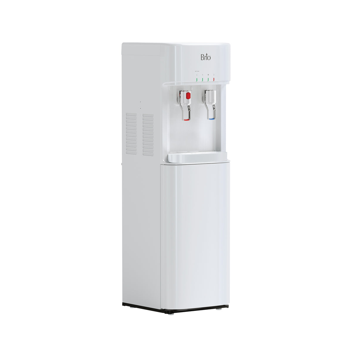 The White Bottom Load Water Cooler - 300 Series, with child safety lock, red and blue hot/cold taps, and freestanding design, is shown against a plain white background.