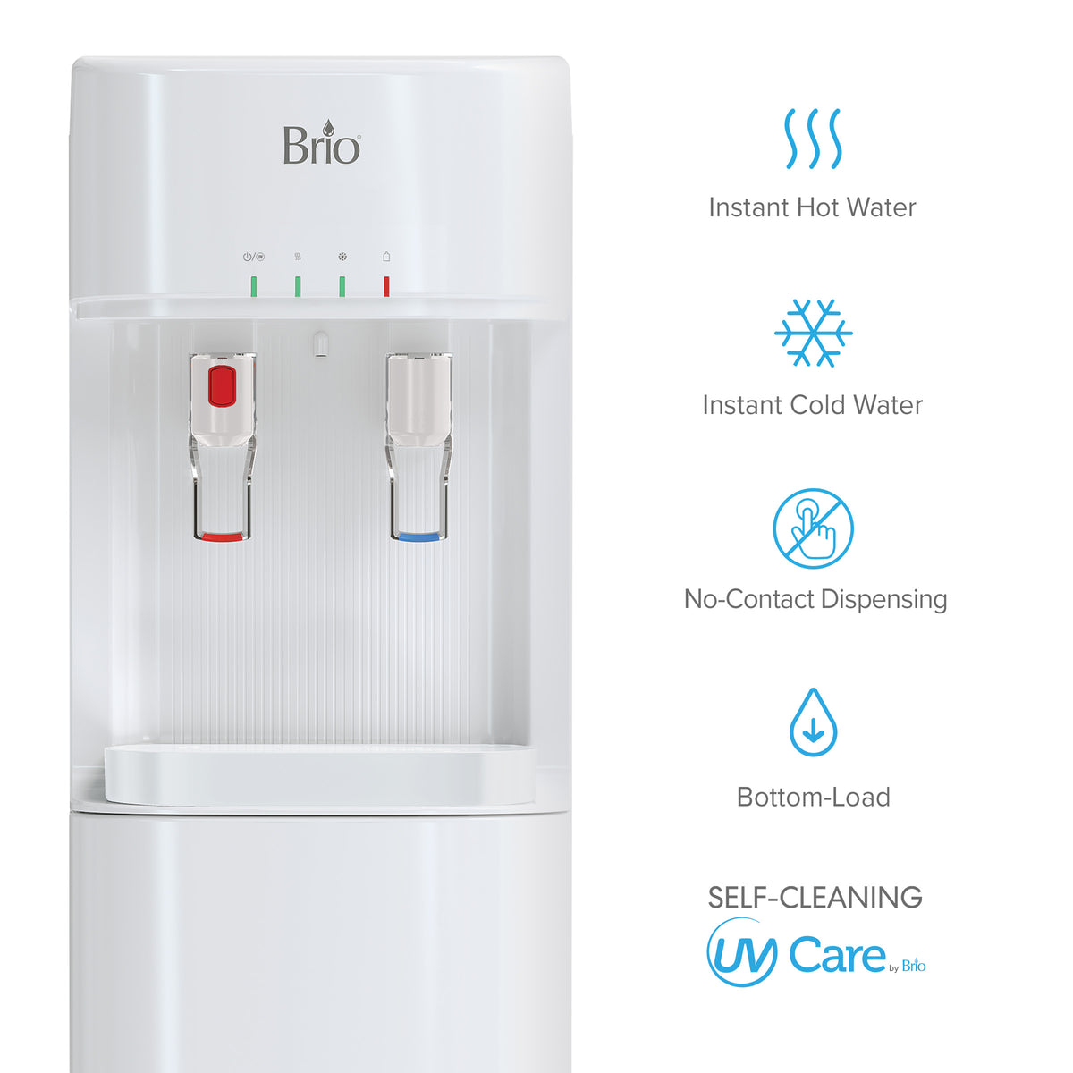 The White Bottom Load Water Cooler - 300 Series features two levers for hot and cold water, with icons showing instant hot/cold options, child safety lock, no-contact dispensing, and self-cleaning technology.