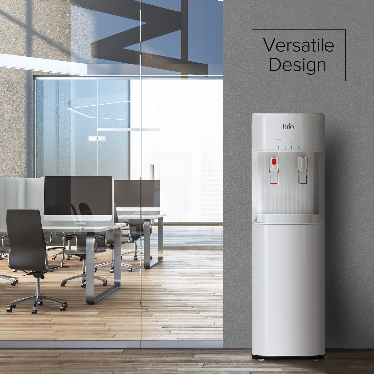 The White Bottom Load Water Cooler - 300 Series with hot and cold dispensers stands by a glass-walled modern office. Versatile design text appears on the wall. Features a child safety lock for added peace of mind.