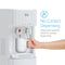 A person fills a white mug from the White Bottom Load Water Cooler - 300 Series using large push-paddles. Text reads: No-Contact Dispensing. Large push-paddles enable sanitary, hands-free use.