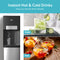 Introducing the Bottom Load Bullet Ice & Hot/Cold Water Dispenser - Model 420 Ice, featuring a convenient water and ice dispenser that serves cold cucumber water and hot fruit tea at the touch of a button, clearly labeled Cold and Hot under the text Instant Hot & Cold Drinks. This bottom load dispenser includes advanced UV self-cleaning technology for enhanced hygiene, letting you enjoy your favorite drinks instantly.