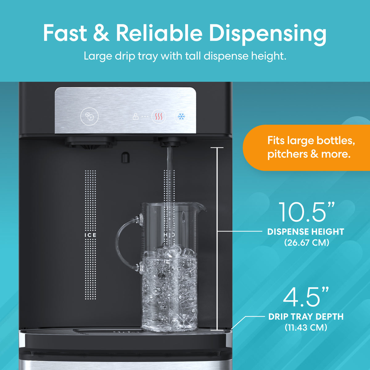 The Bottom Load Bullet Ice & Hot/Cold Water Dispenser - Model 420 Ice is shown dispensing water into a clear pitcher, with labeled measurements for dispense height (10.5) and drip tray depth (4.5). Designed for effortless use with large bottles and pitchers, this dispenser delivers fast, reliable performance. Text highlights its advanced features, including UV self-cleaning for added hygiene and suitability for a variety of hydration needs.