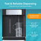 The Bottom Load Bullet Ice & Hot/Cold Water Dispenser - Model 420 Ice is shown dispensing water into a clear pitcher, with labeled measurements for dispense height (10.5) and drip tray depth (4.5). Designed for effortless use with large bottles and pitchers, this dispenser delivers fast, reliable performance. Text highlights its advanced features, including UV self-cleaning for added hygiene and suitability for a variety of hydration needs.