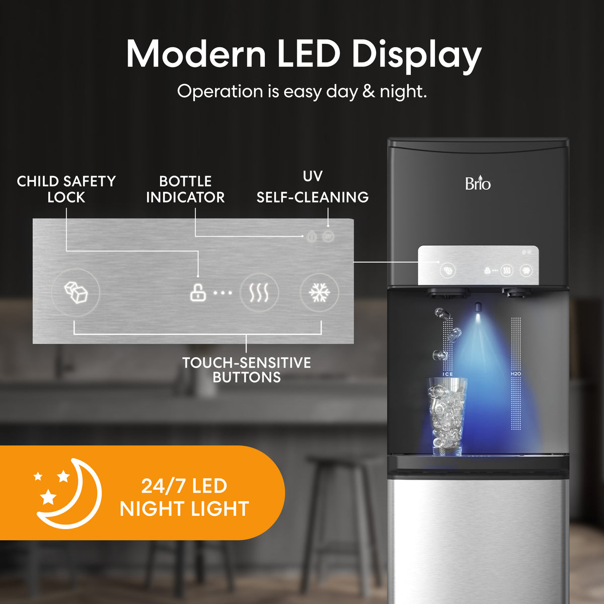 Introducing the Bottom Load Bullet Ice & Hot/Cold Water Dispenser - Model 420 Ice, featuring a sleek design with an LED display, intuitive touch-sensitive buttons, child safety lock, bottle indicator, UV self-cleaning function, and a continuous LED night light. This modern water and ice dispenser is engineered for ultimate convenience and safety as you fill your glass with refreshing water or bullet ice.