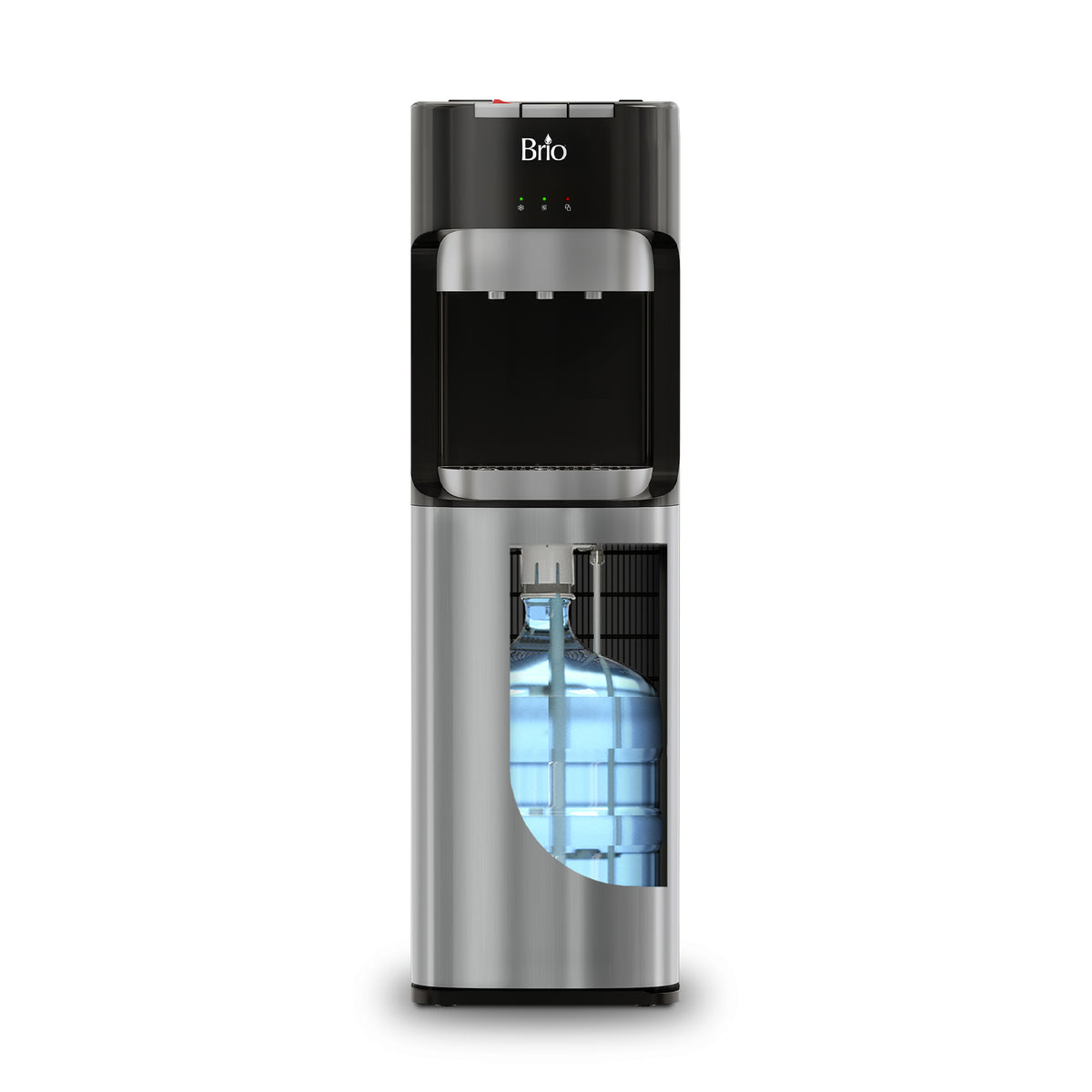 The Brio Bottom Load Water Dispenser - Model 420 features a stainless steel and black design with a transparent lower compartment that showcases the blue water jug inside. This tri-temperature dispenser offers modern style and convenient access to hot, cold, and room temperature water.