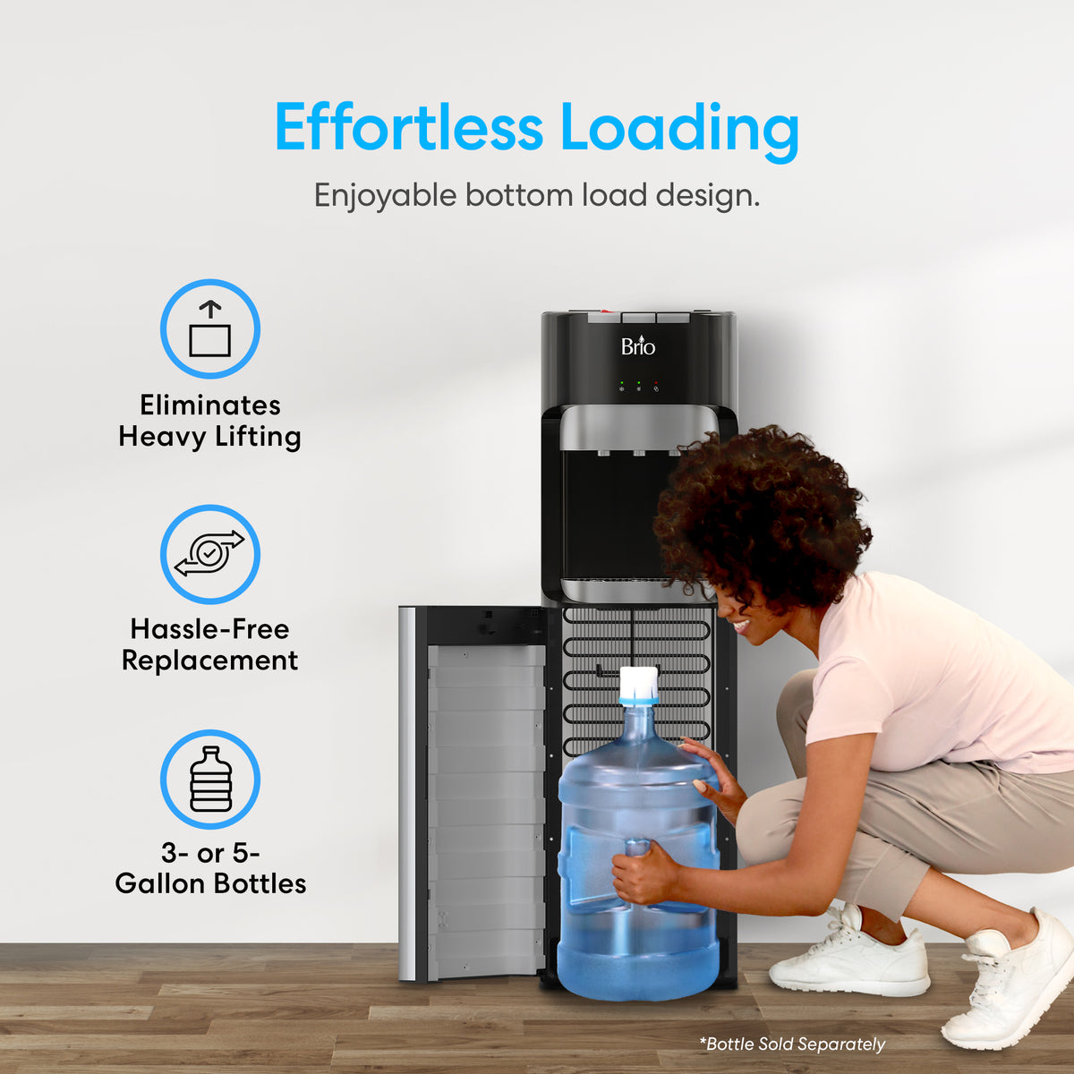 A woman loads a large water bottle into the Bottom Load Water Dispenser – Model 420, featuring a stylish stainless steel design with a blue and white color scheme. Icons highlight benefits: no heavy lifting required, easy hassle-free bottle replacement, and compatibility with 3- or 5-gallon bottles.