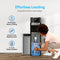 A woman loads a large water bottle into the Bottom Load Water Dispenser – Model 420, featuring a stylish stainless steel design with a blue and white color scheme. Icons highlight benefits: no heavy lifting required, easy hassle-free bottle replacement, and compatibility with 3- or 5-gallon bottles.