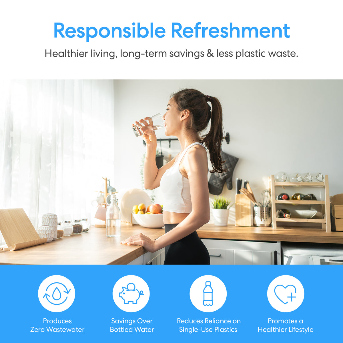 A woman enjoys a glass of water in a sunlit kitchen, refreshed by her Bottom Load Water Dispenser - Model 420. Icons below showcase key benefits: zero wastewater, cost savings, reduced single-use plastics, and support for a healthy lifestyle.