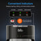 Control panel of the Bottom Load Water Dispenser - Model 420 displaying indicator lights for hot, cold, and empty bottle status, with a prominent red child safety lock button for hot water. Text highlights the tri-temperature features of this dispenser and its sleek stainless steel finish.