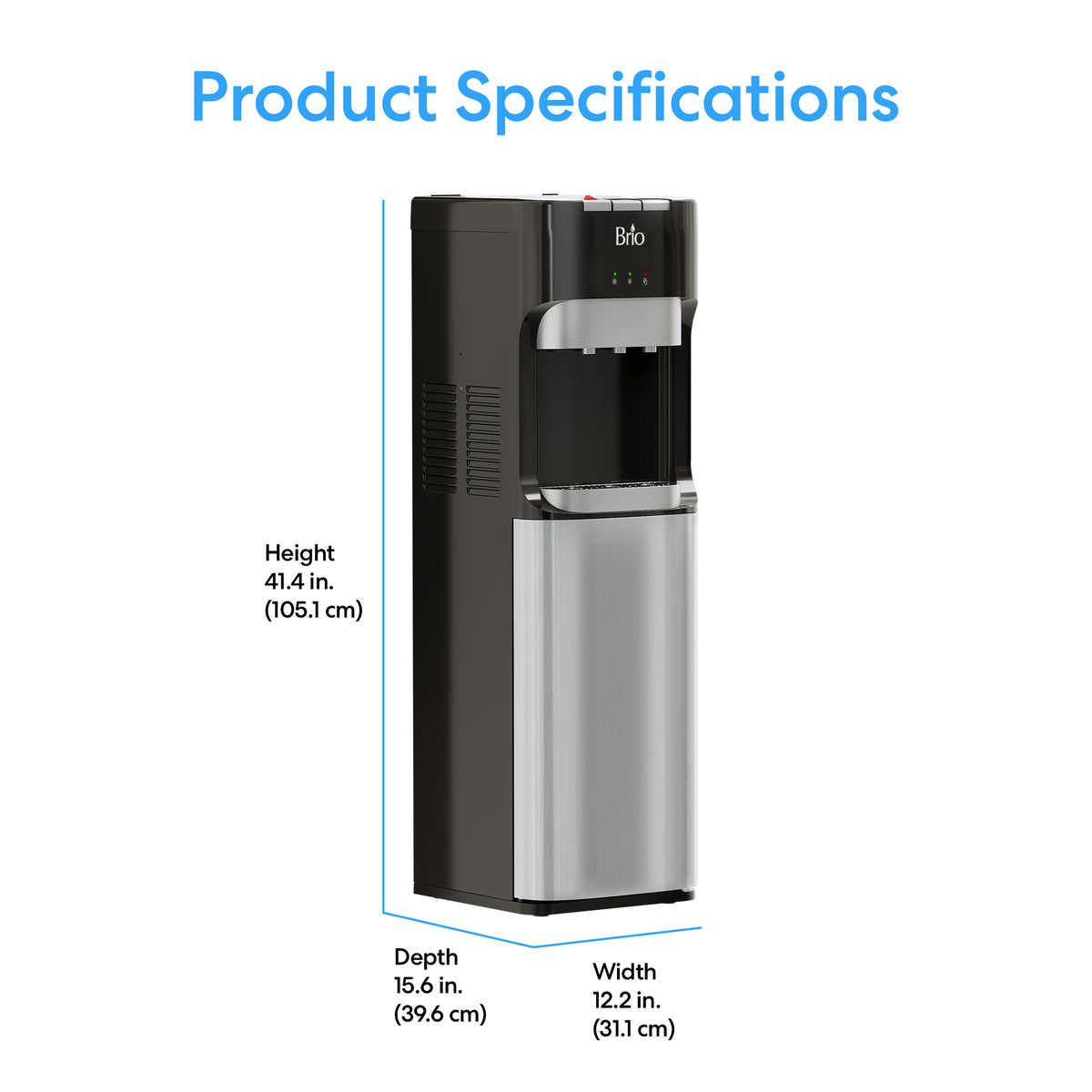 Bottom Load Water Dispenser - Model 420: This sleek black and silver stainless steel water cooler features a convenient bottom load design, offering a modern hydration solution for any space. Under the Product Specifications heading next to the machine, product dimensions are listed as height 41.4 inches, depth 15.6 inches, and width 12.2 inches.