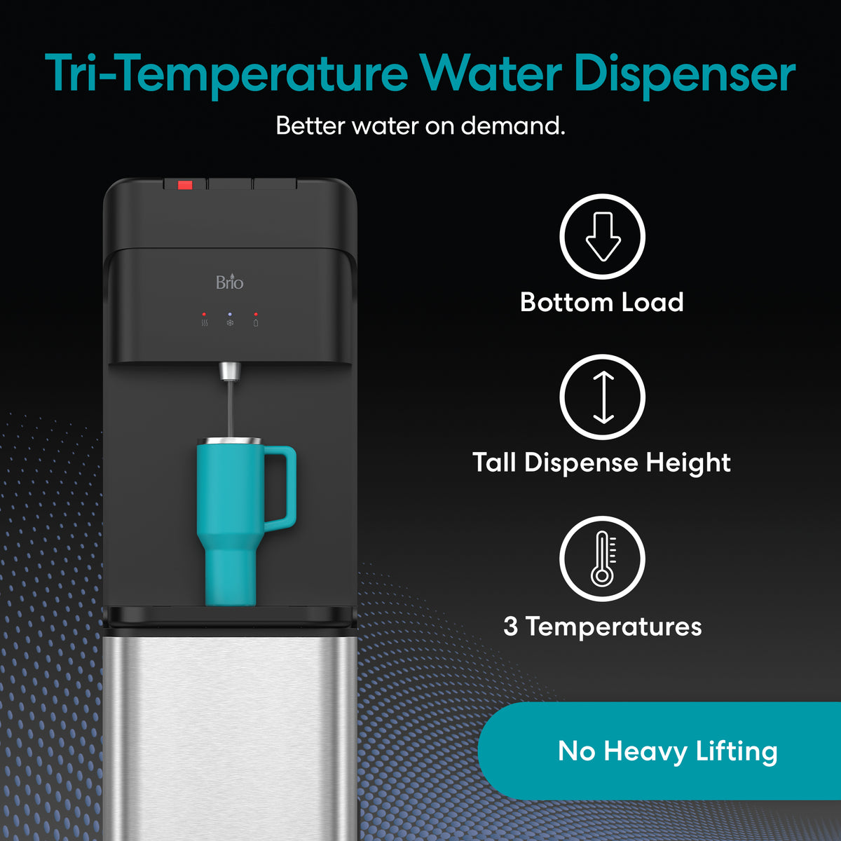 Experience tri-temperature dispensing with the Stainless Steel Bottom Load Tri Temperature Water Cooler - 425 Series. Enjoy a tall dispense height, three precise temperatures, and no heavy lifting. Better water on demand.