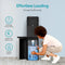 A woman kneels to load a 5-gallon bottle into a Stainless Steel Bottom Load Tri Temperature Water Cooler – 425 Series. Text reads "Effortless Loading" and highlights tri-temperature dispensing and easy bottle replacement.