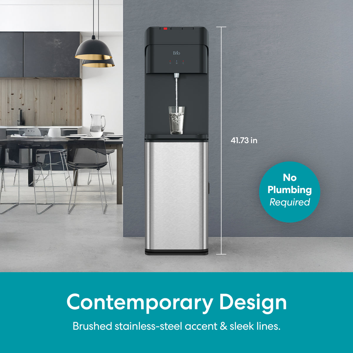 A Stainless Steel Bottom Load Tri Temperature Water Cooler - 425 Series stands in a modern kitchen, filling a glass. Text highlights its 41.73" height, tri-temperature dispensing, no plumbing required, and contemporary brushed stainless-steel design.