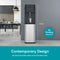 A Stainless Steel Bottom Load Tri Temperature Water Cooler - 425 Series stands in a modern kitchen, filling a glass. Text highlights its 41.73" height, tri-temperature dispensing, no plumbing required, and contemporary brushed stainless-steel design.
