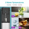 A Stainless Steel Bottom Load Tri Temperature Water Cooler - 425 Series fills a glass; above are icons for cold, room, and hot water. Below are images labeled cold cucumber drink, plain water, and hot tea with lemon.