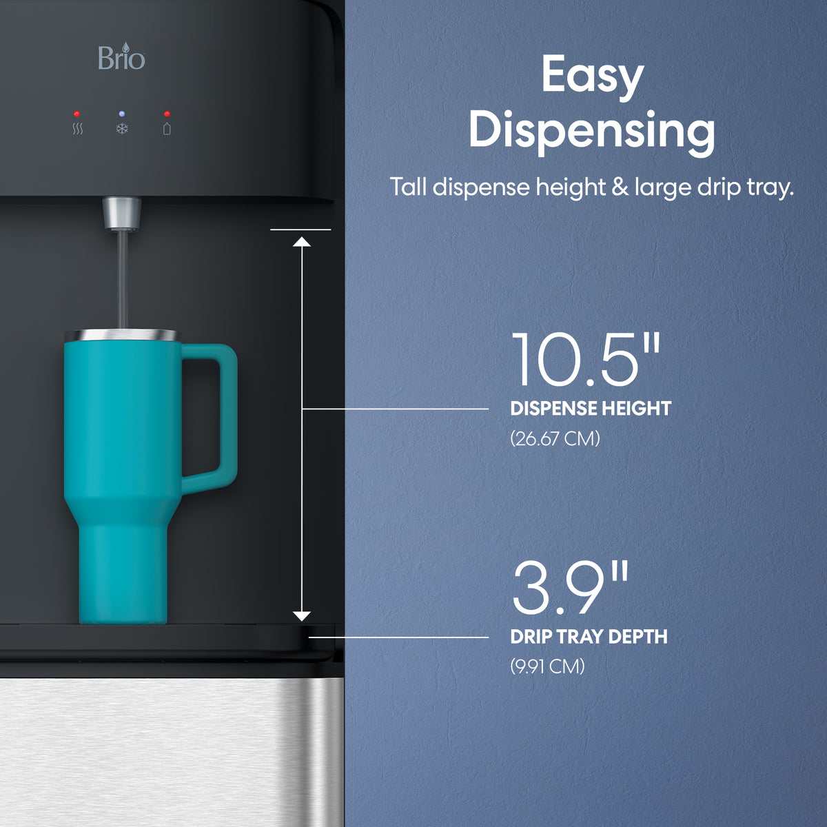 The Stainless Steel Bottom Load Tri Temperature Water Cooler - 425 Series offers tri-temperature dispensing, a 10.5-inch dispense height, and a 3.9-inch drip tray depth for easy use with tall mugs and fewer spills.