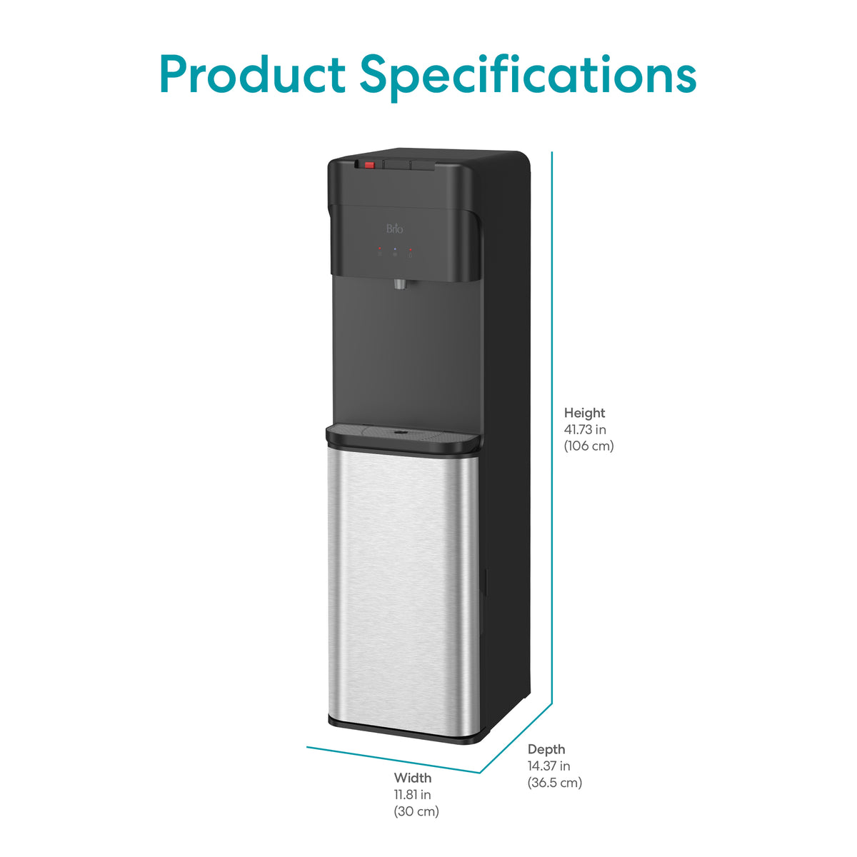A Stainless Steel Bottom Load Tri Temperature Water Cooler - 425 Series is shown in black and silver, measuring 41.73 in (106 cm) high, 11.81 in (30 cm) wide, and 14.37 in (36.5 cm) deep. "Product Specifications" appears above the dispenser.