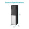 A Stainless Steel Bottom Load Tri Temperature Water Cooler - 425 Series is shown in black and silver, measuring 41.73 in (106 cm) high, 11.81 in (30 cm) wide, and 14.37 in (36.5 cm) deep. "Product Specifications" appears above the dispenser.