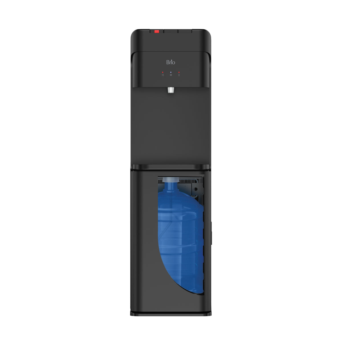 The Tri-Temperature Black Bottom Load Water Cooler - 425 Series features a front door open to reveal a large blue water jug, indicator lights, and a single top spout for dispensing hot, cold, or room temperature water.