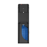 The Brio 425 Tri-Temperature Black Bottom Load Water Cooler features a blue jug visible in the lower compartment and has three indicator lights on its upper front panel.