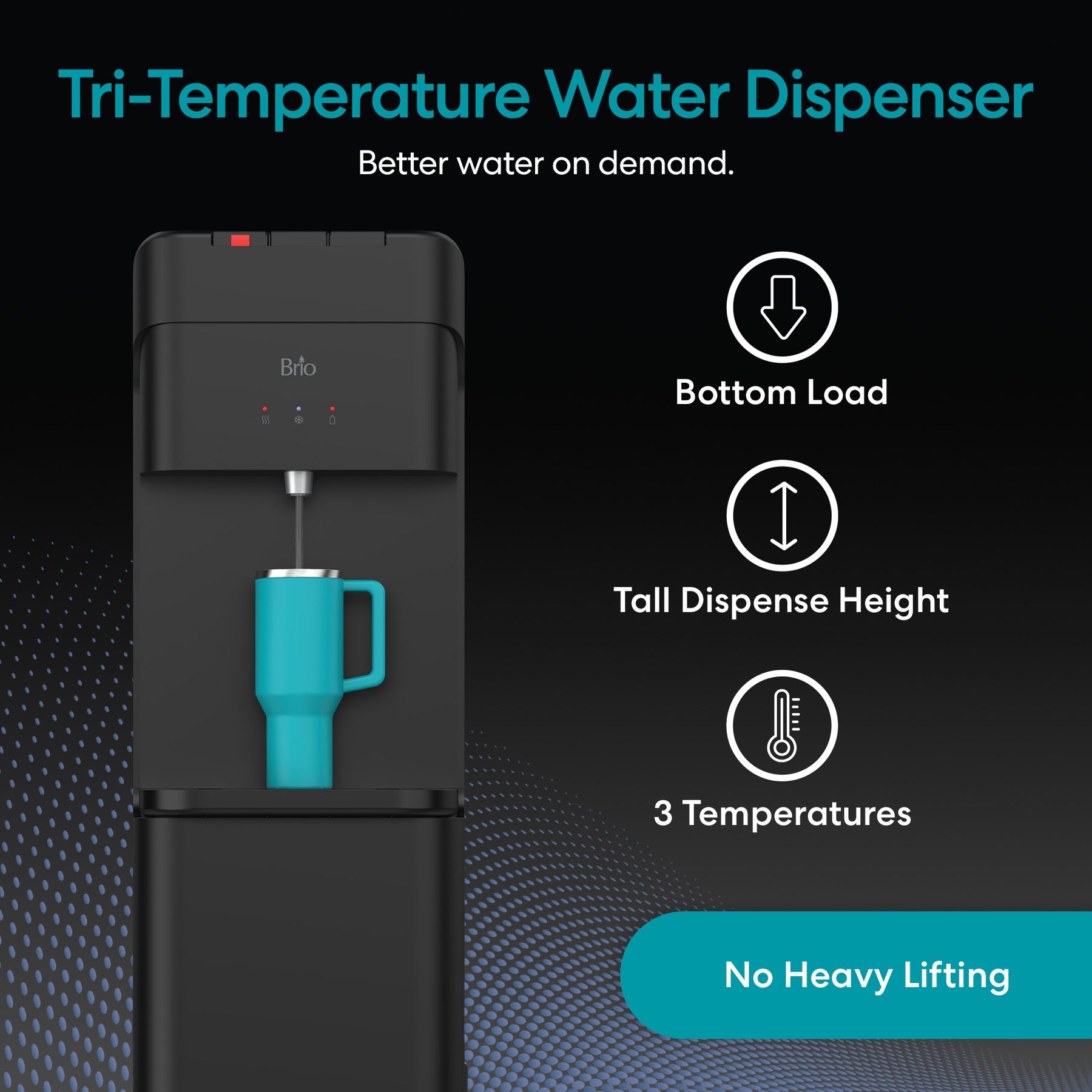 A Brio 425 Tri-Temperature Black Bottom Load Water Cooler with a blue mug, labeled Bottom Load, Tall Dispense Height, 3 Temperatures, and No Heavy Lifting. Text: Tri-Temperature Water Dispenser.