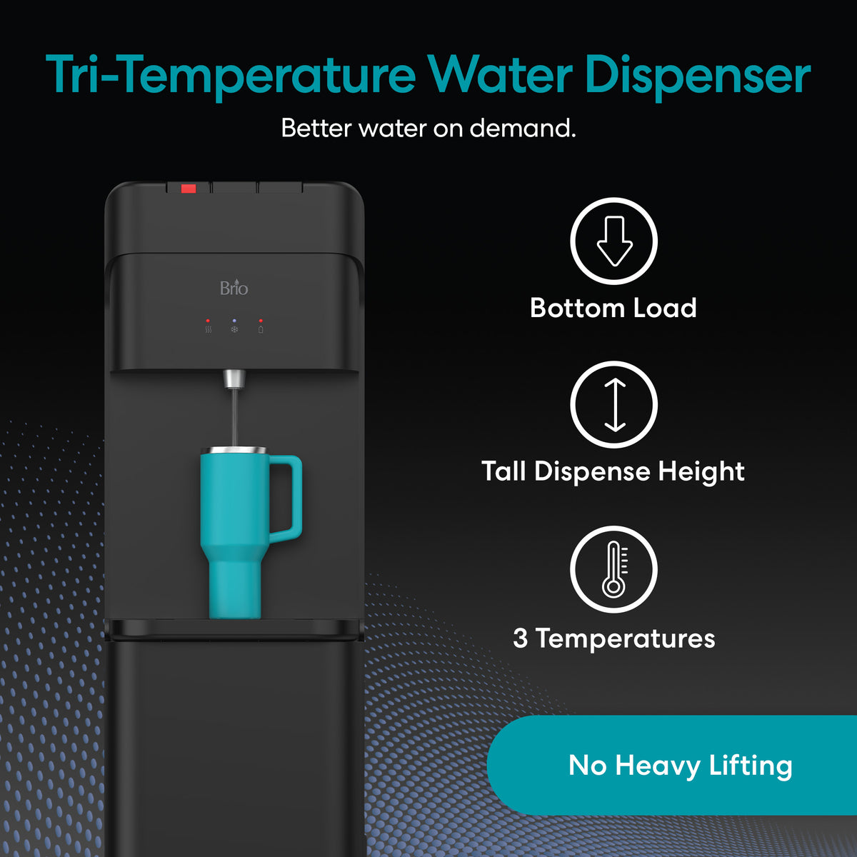 A Tri-Temperature Black Bottom Load Water Cooler - 425 Series dispenses water into a blue cup. Features include bottom loading, tall dispense height, three temperature settings, and easy refills with no heavy lifting.