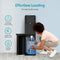 A woman crouches to load a 5-gallon bottle into a Tri-Temperature Black Bottom Load Water Cooler - 425 Series. Icons show: no heavy lifting, easy replacement, fits 5-gallon bottles. Above, text reads "Effortless Loading.