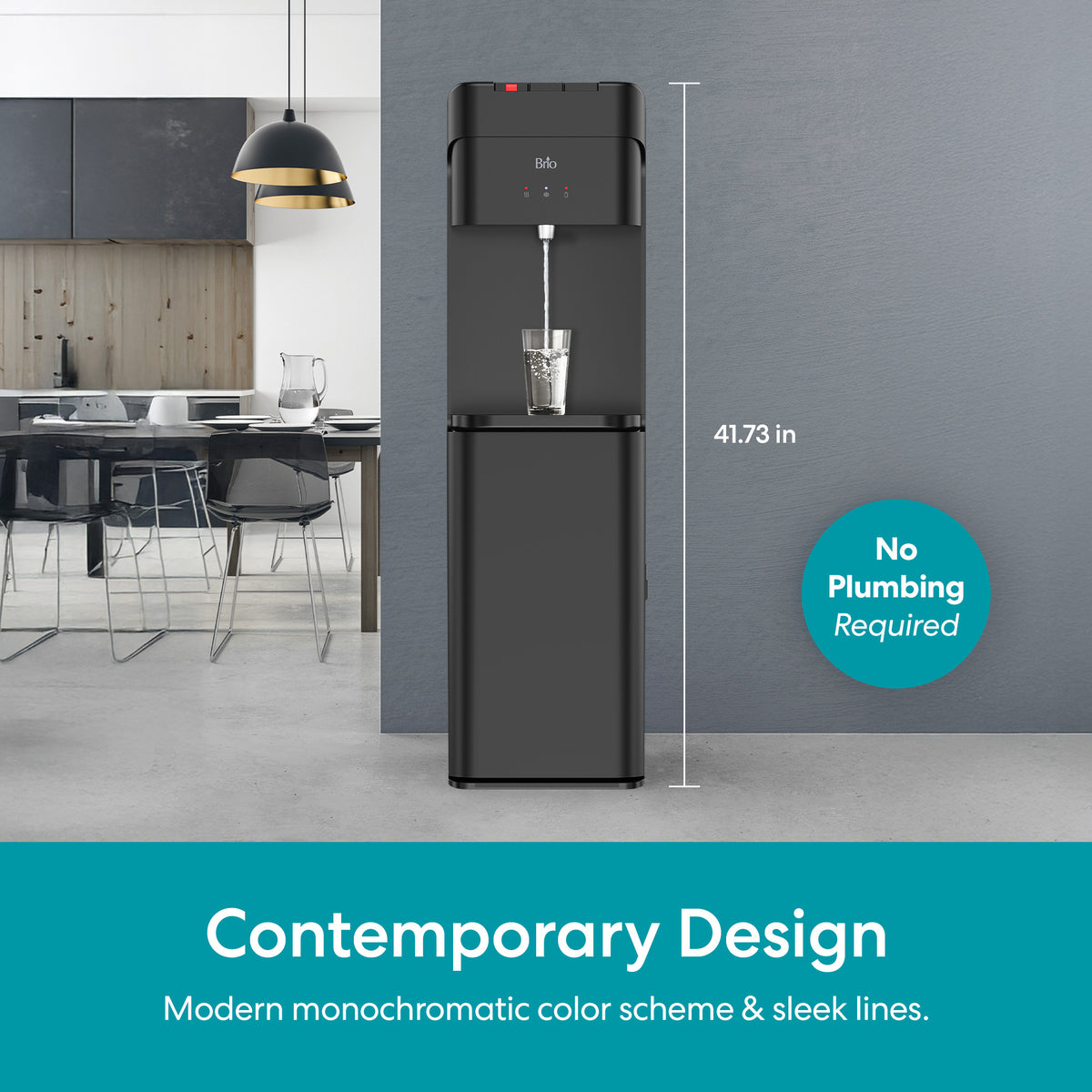 The Tri-Temperature Black Bottom Load Water Cooler - 425 Series stands 41.73 inches tall in a modern kitchen with gray cabinets and barstools; its sleek design offers contemporary style and tri-temp dispensing—no plumbing needed.