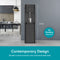 The Tri-Temperature Black Bottom Load Water Cooler - 425 Series stands 41.73 inches tall in a modern kitchen with gray cabinets and barstools; its sleek design offers contemporary style and tri-temp dispensing—no plumbing needed.