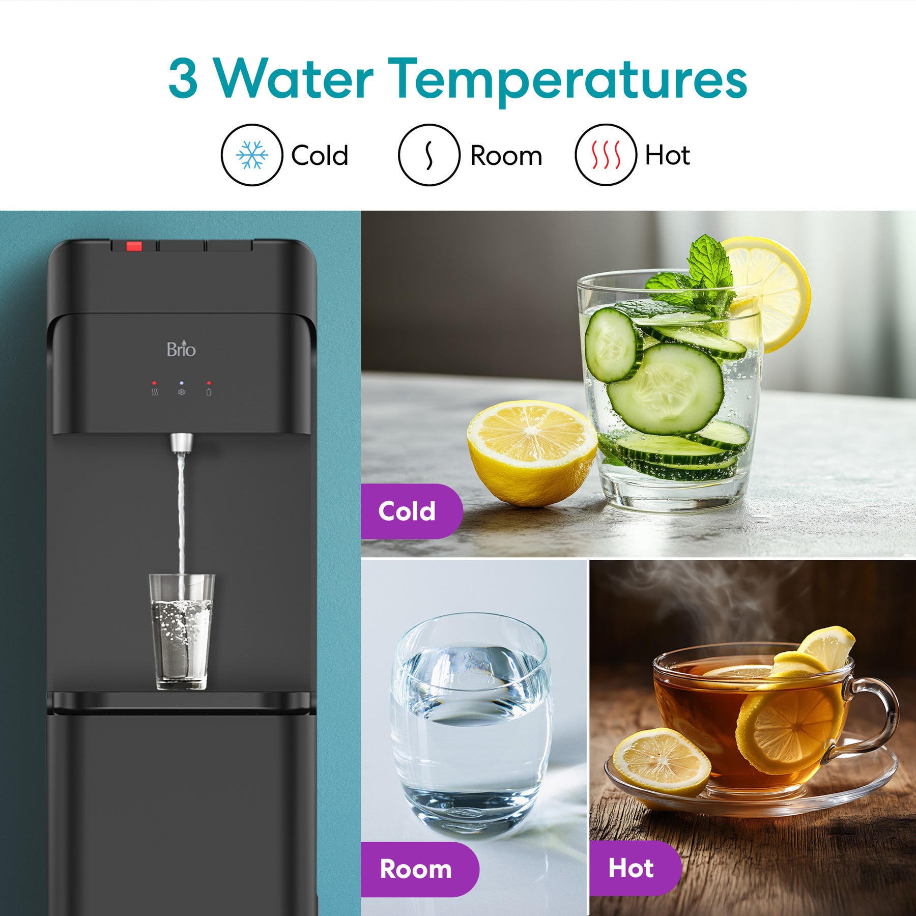 Infographic showcases the Brio 425 Tri-Temperature Black Bottom Load Water Cooler with three drink options: cold cucumber water, room-temp water, and hot tea with lemon. Text highlights 3 Water Temperatures: Cold, Room, Hot.