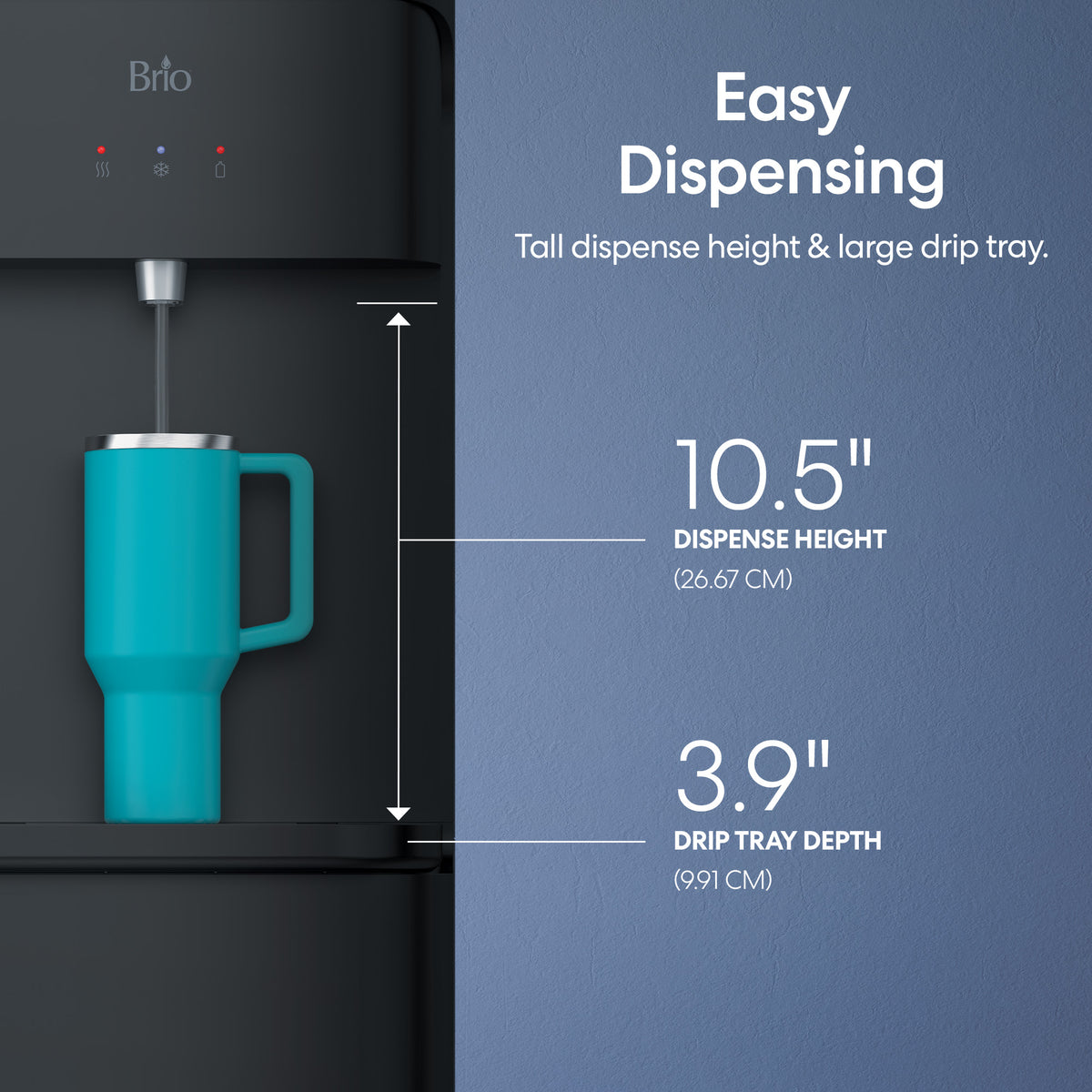 The Tri-Temperature Black Bottom Load Water Cooler - 425 Series dispenses into a blue travel mug, showing a 10.5” dispense height and 3.9” drip tray depth. “Easy Dispensing” appears on a blue background.